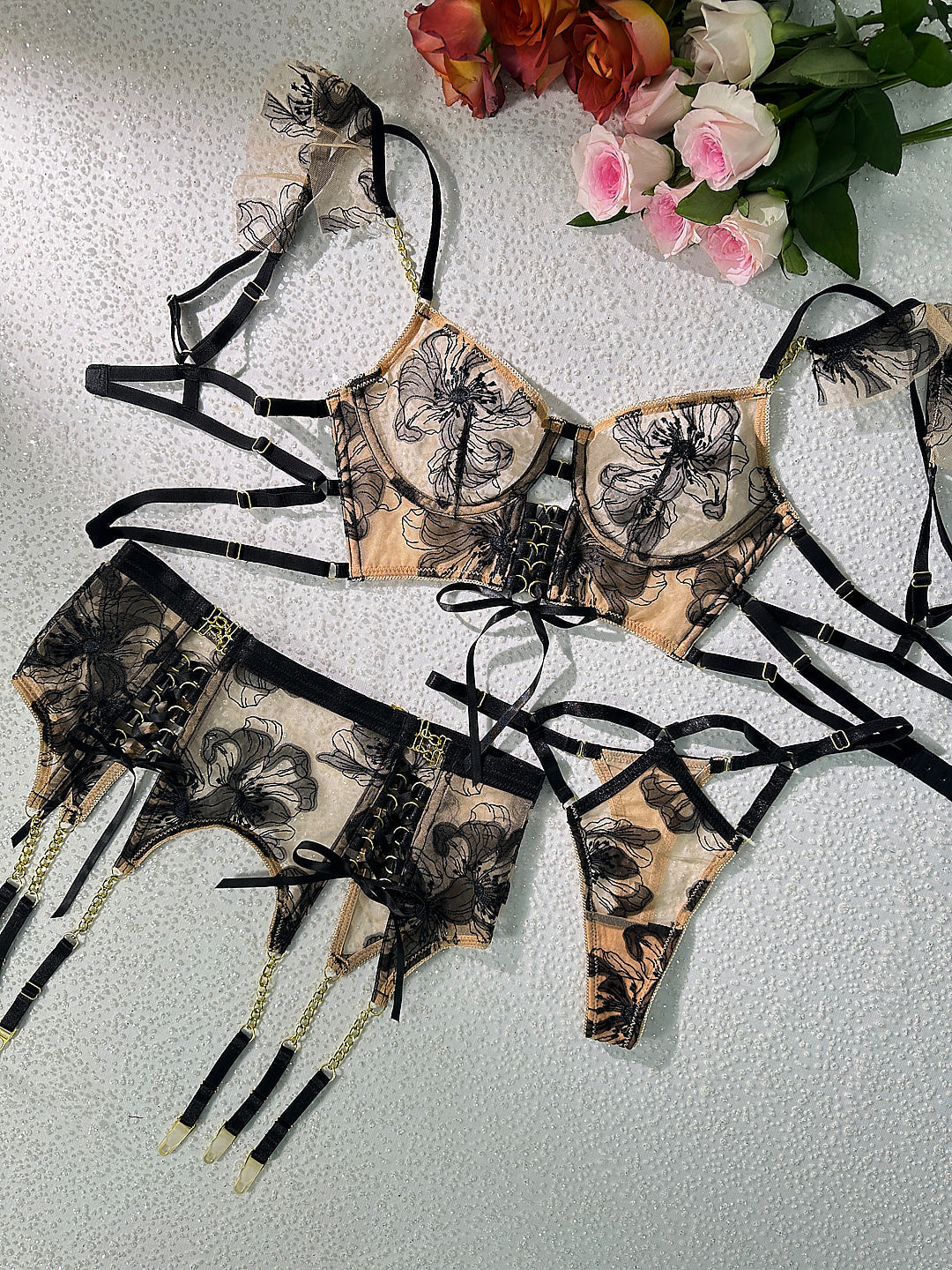 Black Nude Ribbon Sculpting Lingerie Set With Lace Hello.LA.Girl
